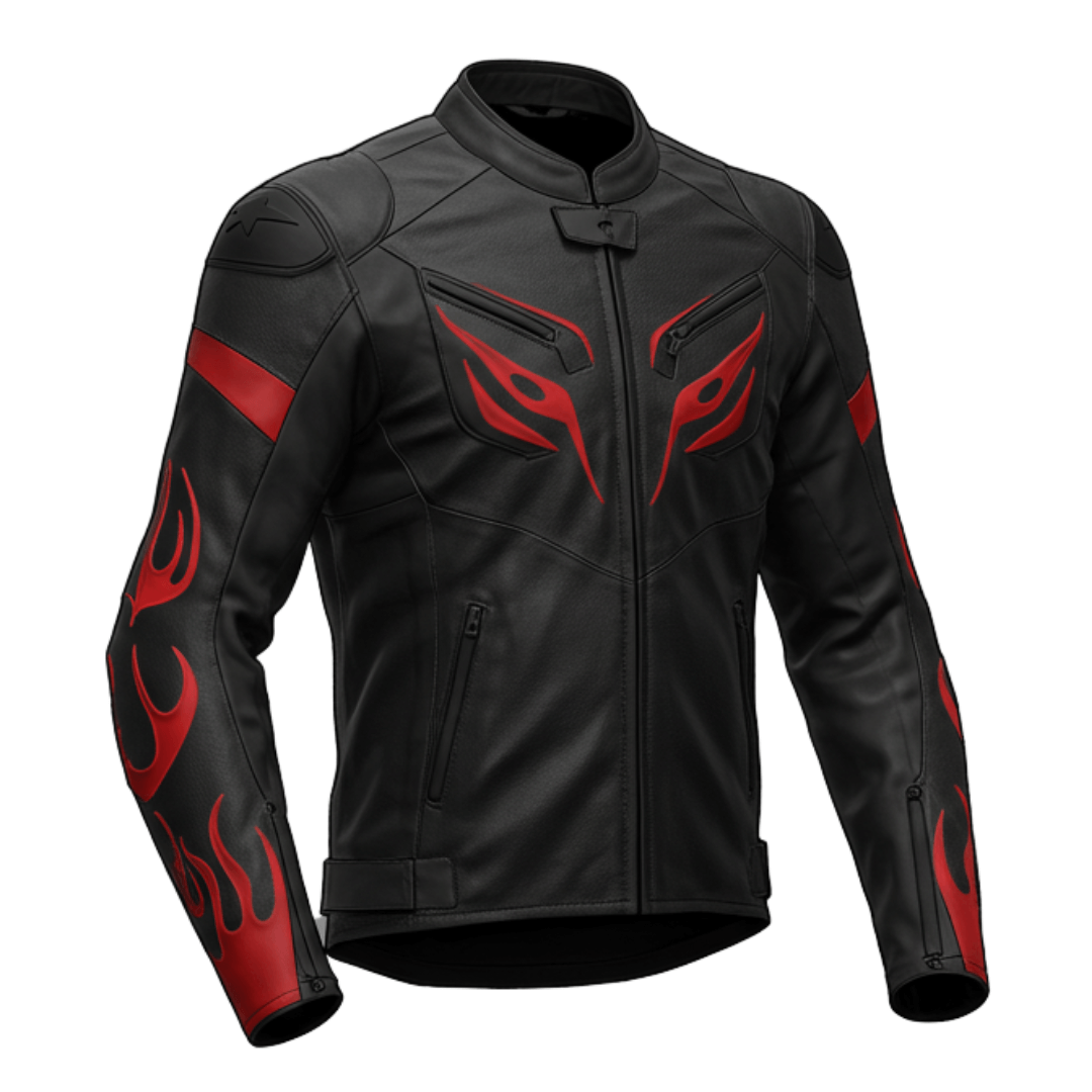 Front view of a black leather motorcycle jacket with red flame graphics on the sleeves and tribal eye-like designs on the chest, featuring a zipper closure and a high collar.