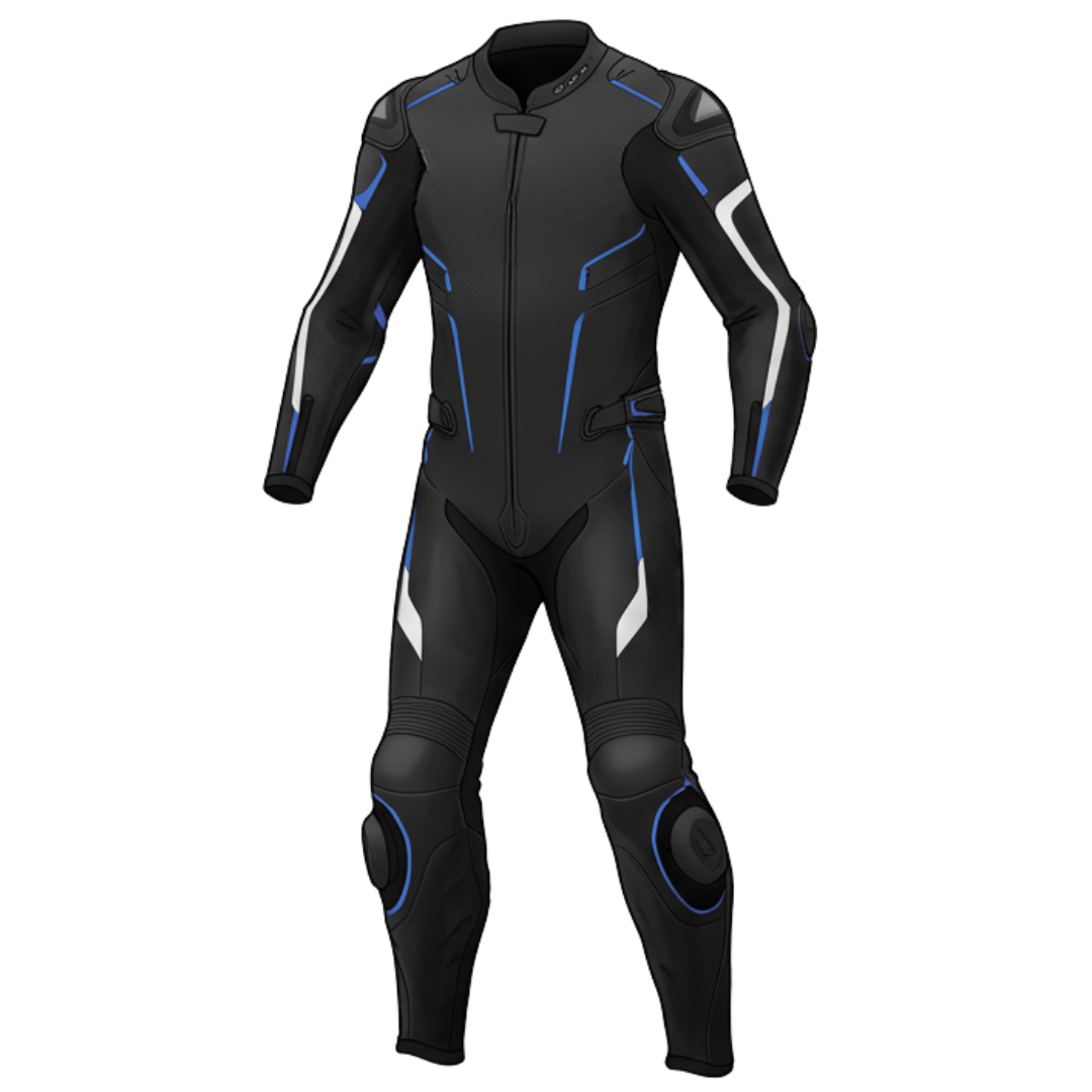 Black and blue motorcycle leather suit with CE-approved armor and spine protection