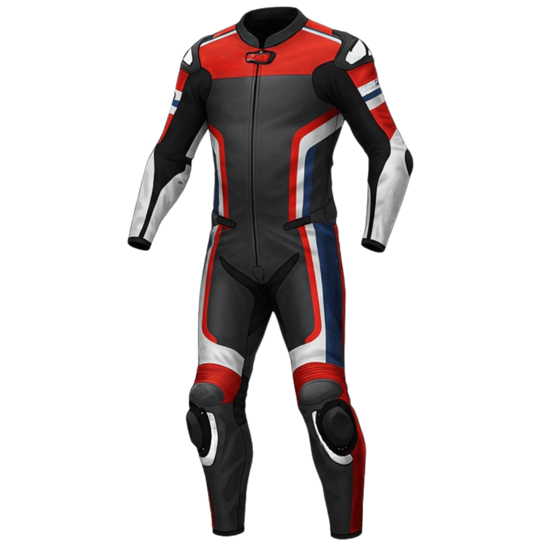 Black, red, and blue motorcycle leather racing suit for men