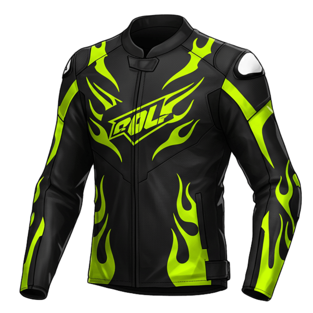 Black and yellow leather motorcycle jacket with bold flame design and protective padding, designed for bikers seeking style and safety.