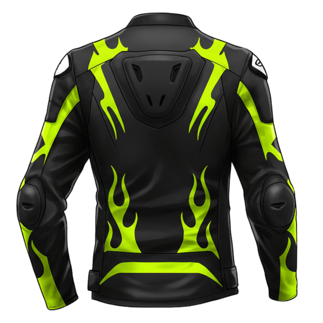 Rear view of a black and yellow motorcycle jacket featuring flame graphics, reinforced armor, and sleek design for ultimate rider protection.