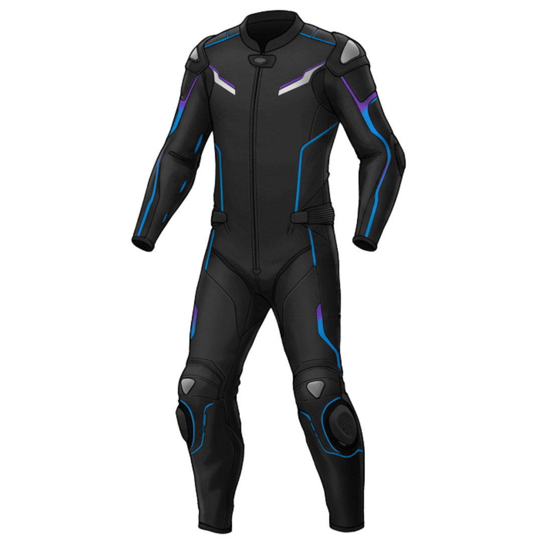 Blue and black motorcycle leather suit with CE-certified protective armor