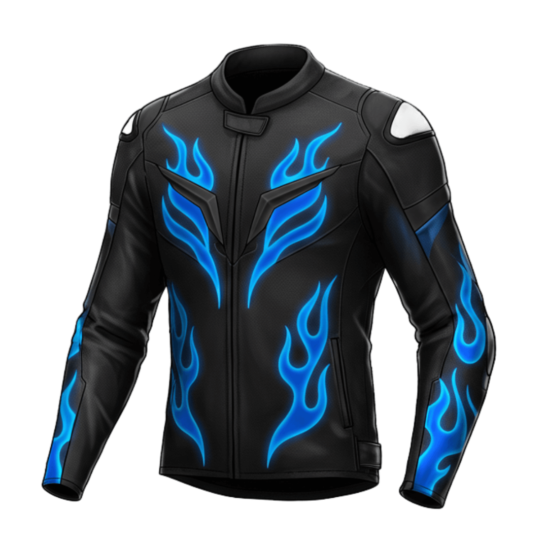 Black BMW leather motorcycle jacket with vibrant blue flame designs on the chest and sleeves, featuring protective padding and a modern fit.