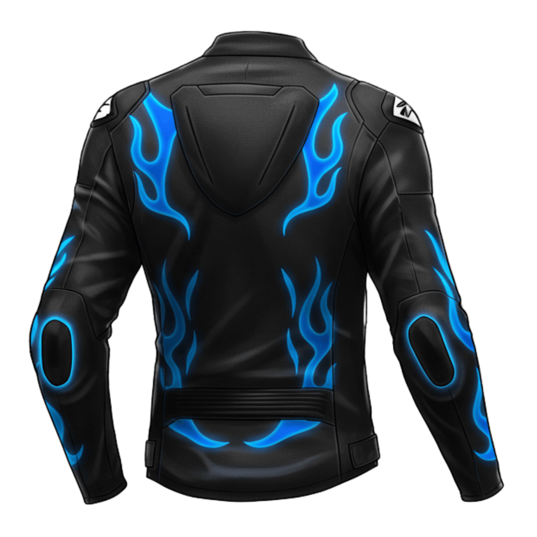Rear view of a black BMW leather motorcycle jacket with striking blue flames, a stylish hood, and reinforced protective elements.