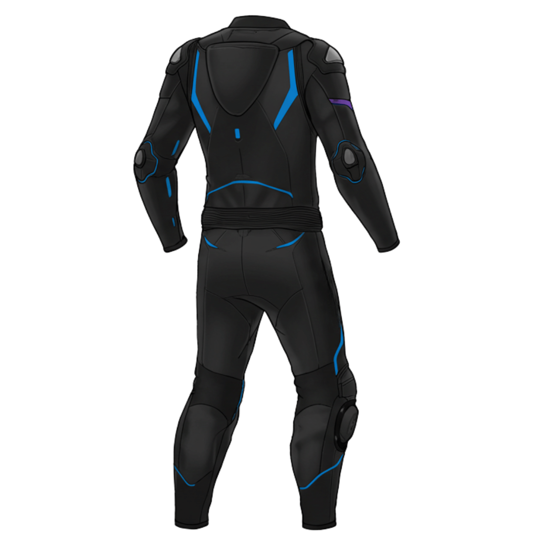 handmade racing suit in blue and black for professional riders