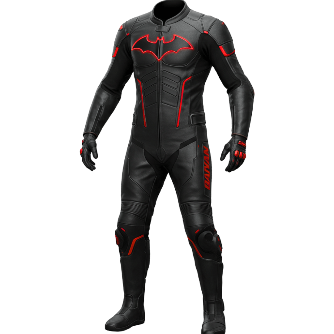 Full-body view of CE-certified Batman motorcycle gear for men