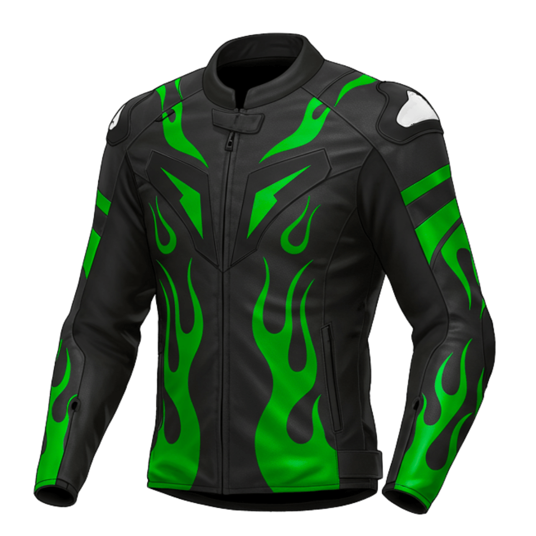 Black leather Kawasaki motorcycle jacket with green flame design on the front.