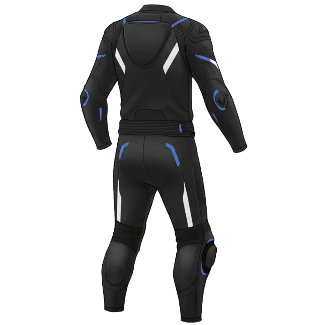 Premium cowhide leather racing suit in blue and black for riders and racers