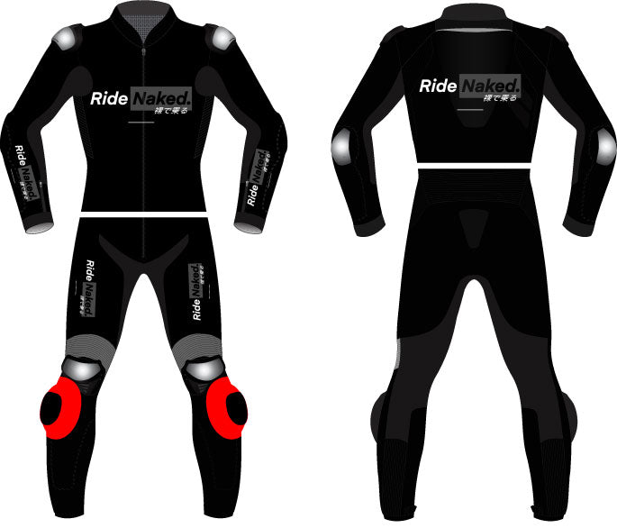 Black motorcycle suit with 'Ride Naked' branding on a white background