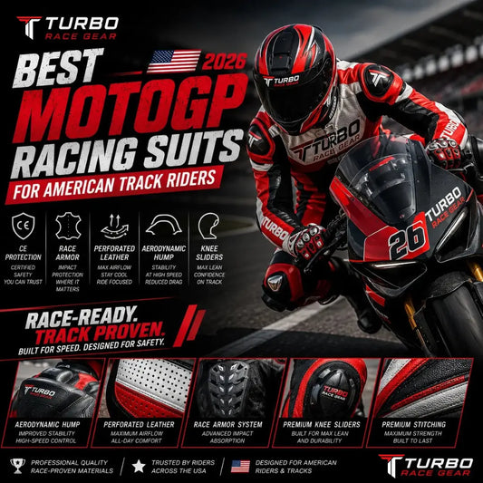 Best MotoGP racing suits for American track riders featuring premium Turbo Race Gear leather motorcycle racing suit with CE armor, aerodynamic hump, and race-ready protection.