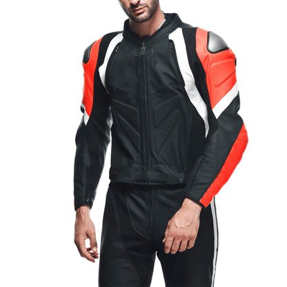 Rider wearing motorcycle leather suit