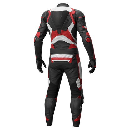 Black, red, and white leather motorcycle suit on a white background