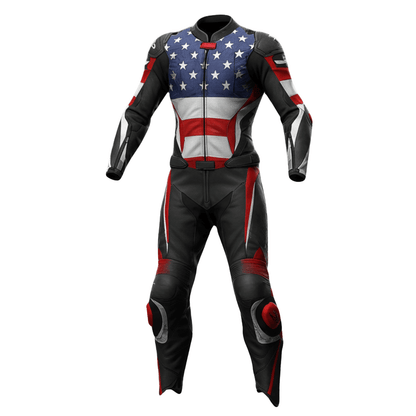 Motorcycle racing suit with American flag design on a white background