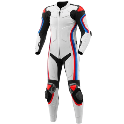 White motorcycle racing suit with red and blue accents on a white background
