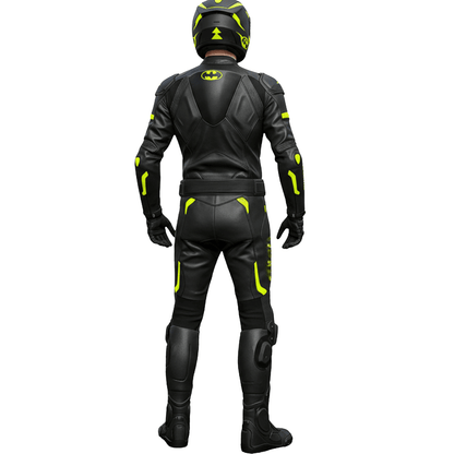 Black motorcycle suit with yellow accents on a white background