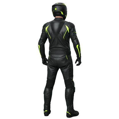 Black motorcycle suit with green accents worn by a person on a white background