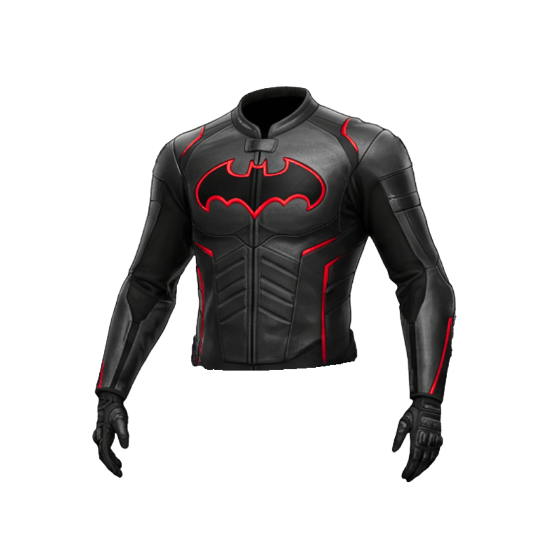 Black leather jacket with red bat symbol on a white background