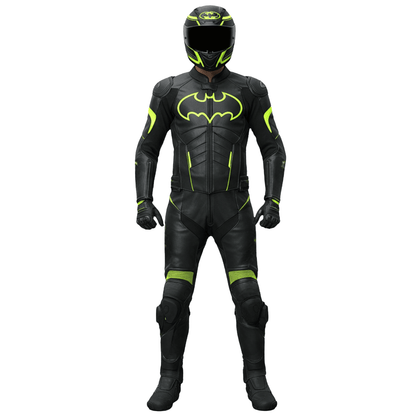 Black motorcycle suit with green accents and a Bat logo on a white background