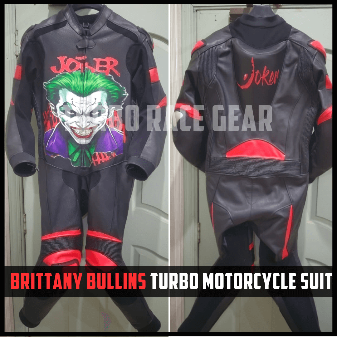 Motorcycle suit with Joker design on a white background