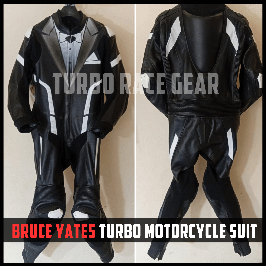 Black motorcycle suit with white accents on a beige background, branded 'Turbo Race Gear'.