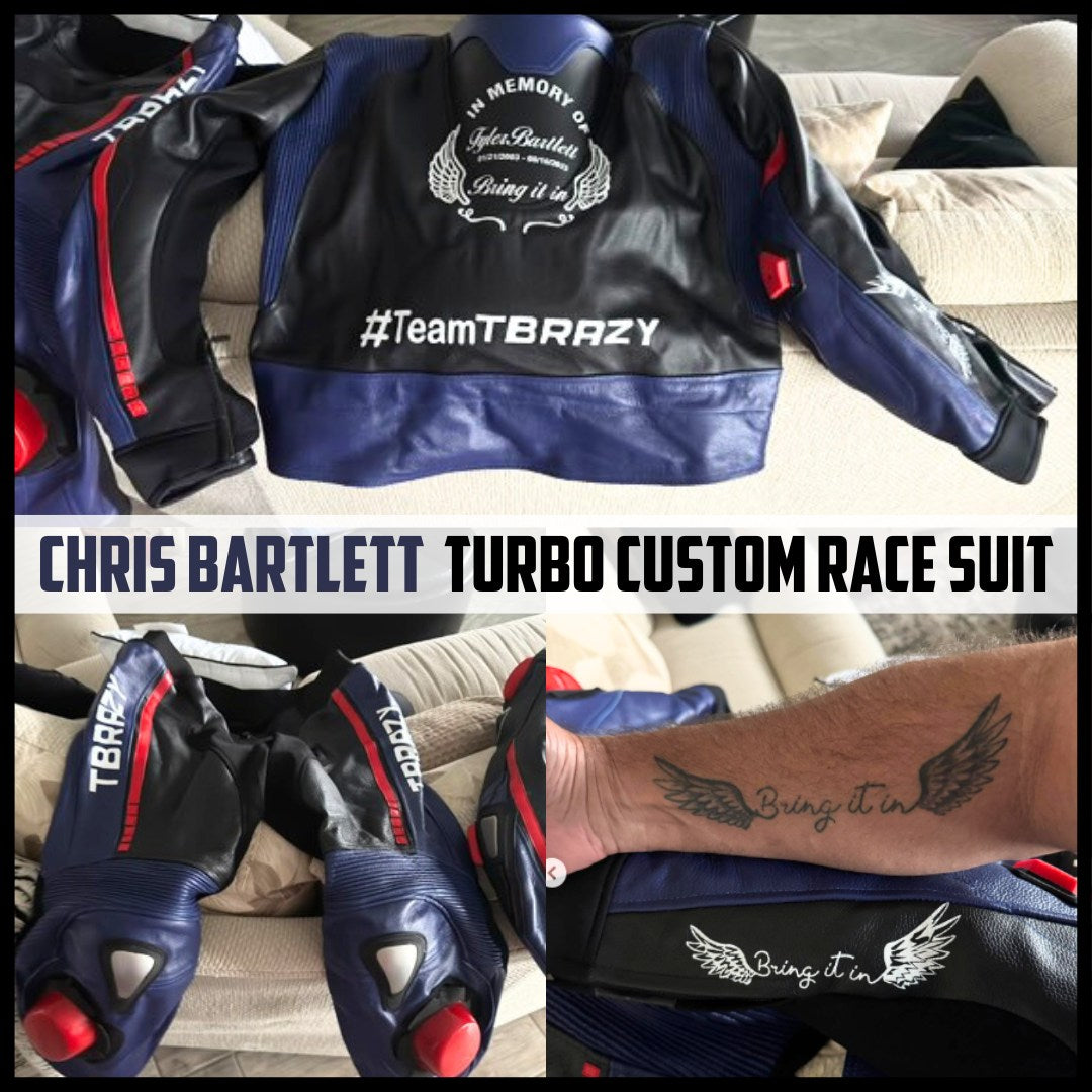 Turbo custom race suit with branding and text on a couch