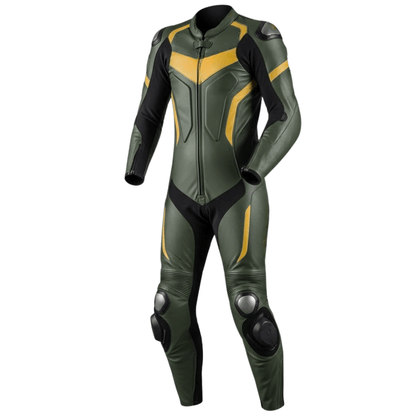 Green and black motorcycle racing suit with yellow accents on a white background