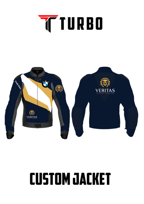 A custom jacket with long sleeves, predominantly black with white and gold accents, featuring a logo on the chest and a different logo on the sleeve.