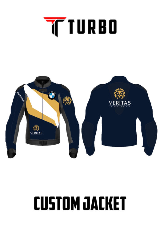 A custom jacket with long sleeves, predominantly black with white and gold accents, featuring a logo on the chest and a different logo on the sleeve.