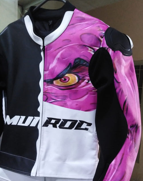 A custom jacket for Mr Elvis, featuring a black and white color scheme with a pink and gray monster design on the back and the logo 'MR ROC' on the sleeve.