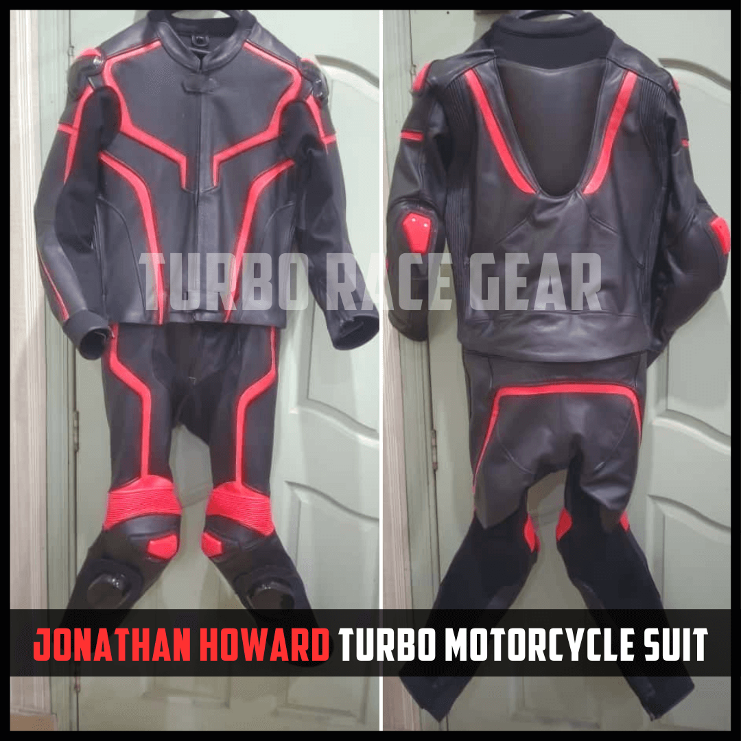 Black and red motorcycle suit with 'Turbo Race Gear' branding on a white background.