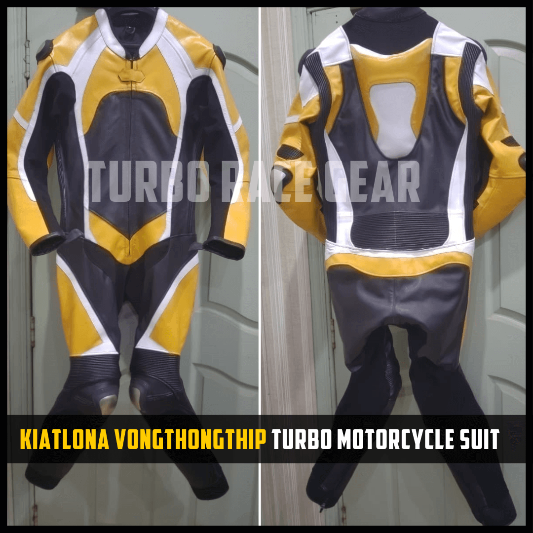 Turbo motorcycle suit displayed on a mannequin with 'Turbo Pale Gear' branding.