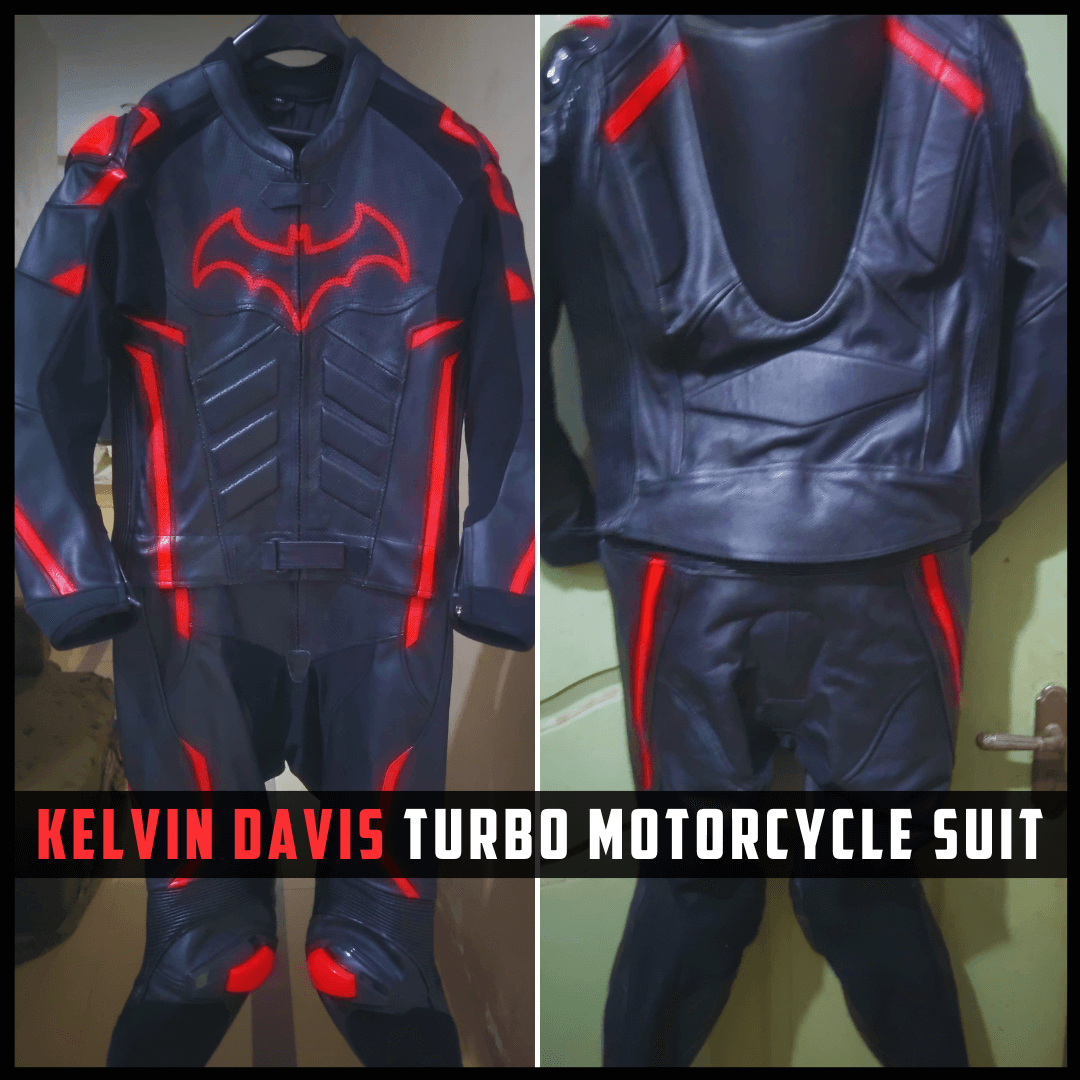 Black motorcycle suit with red accents and a bat symbol, labeled 'Kelvin Davis Turbo Motorcycle Suit'.
