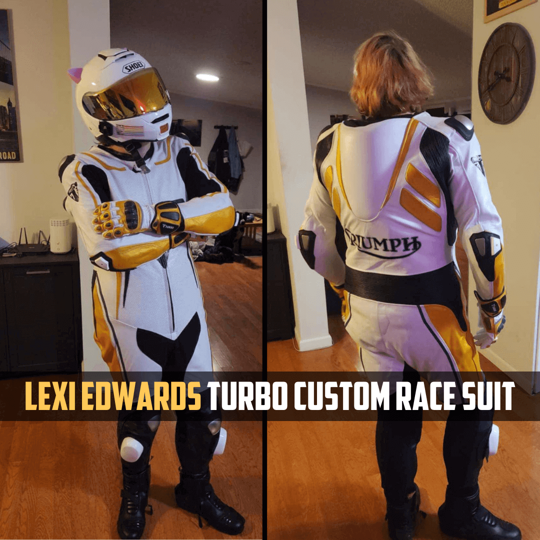 Person wearing a Lexi Edwards Turbo custom race suit with helmet and gloves indoors.