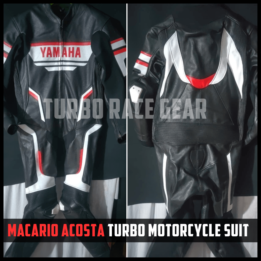 Black Yamaha motorcycle suit with red and white accents on a gray background