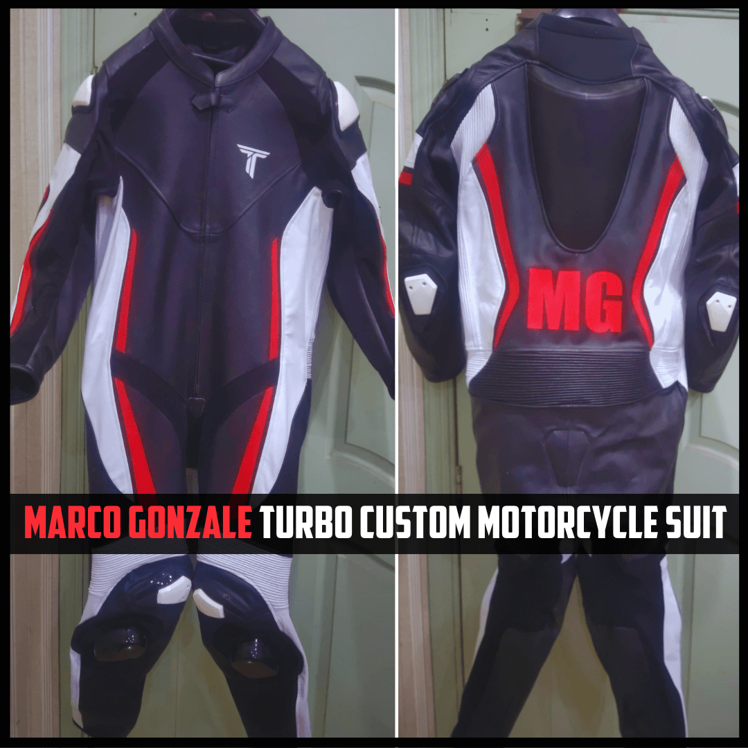 Motorcycle suit with 'MG' branding on a plain background