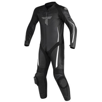 A black and white motorcycle leather suit with long sleeves, designed for adults