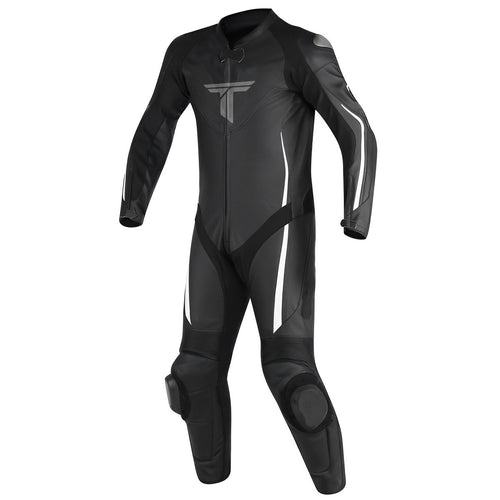 A black and white motorcycle leather suit with long sleeves, designed for adults