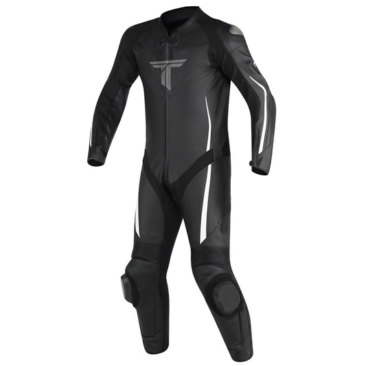 A black and white motorcycle leather suit with long sleeves, designed for adults