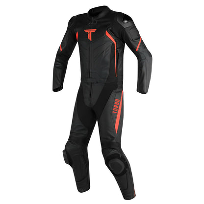 A black motorcycle race suit with red accents, featuring metal armor and branding on the chest, back, and thigh.