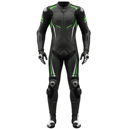 Black motorcycle racing suit with green accents on a white background