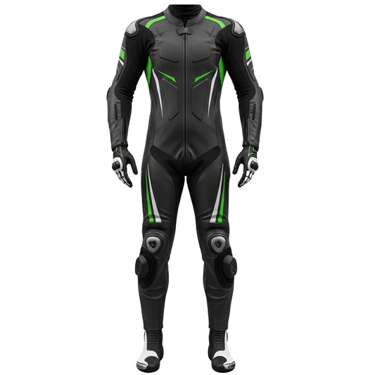 Black motorcycle racing suit with green accents on a white background