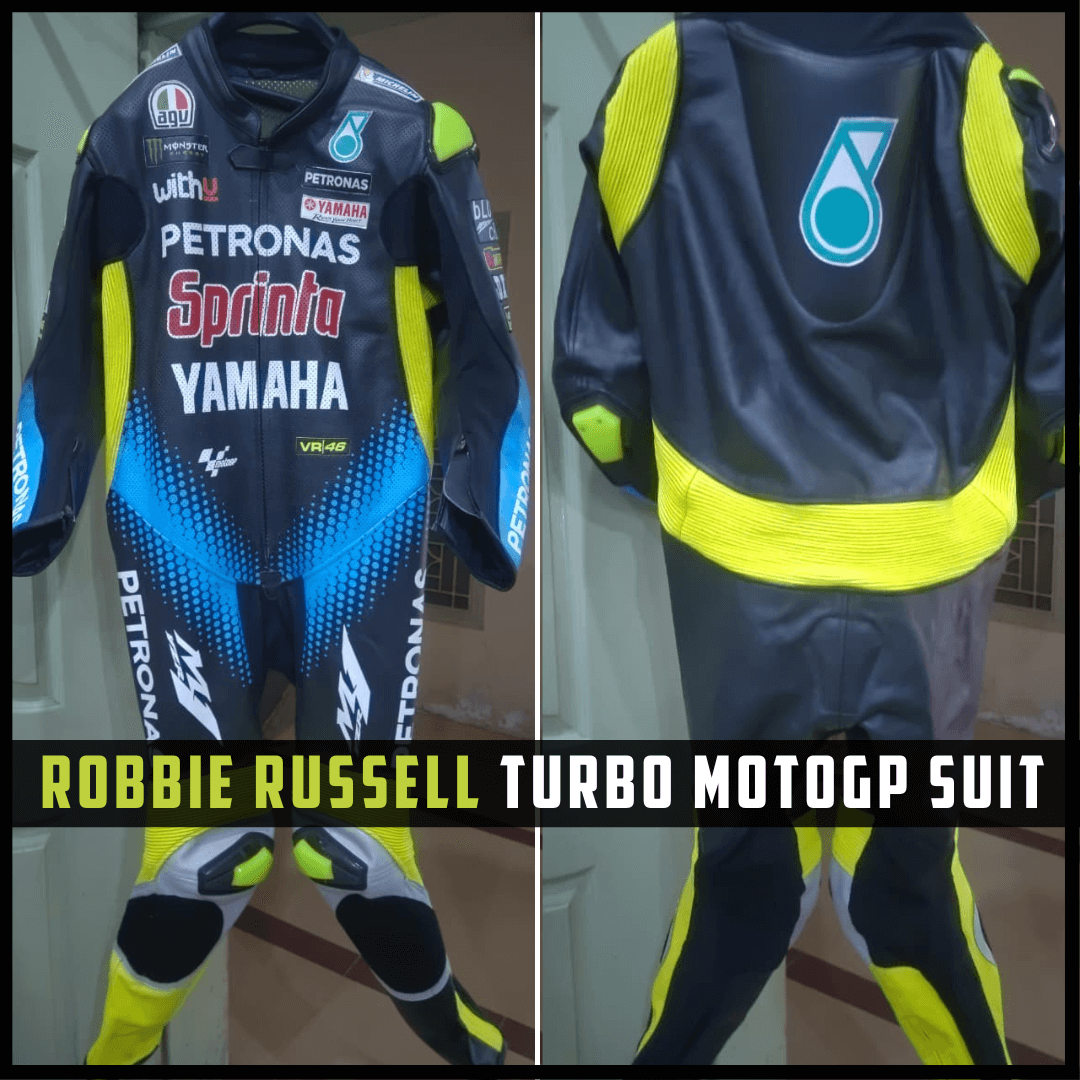 Motorcycle racing suit with Petronas, Yamaha, and Turbo branding on a plain background.