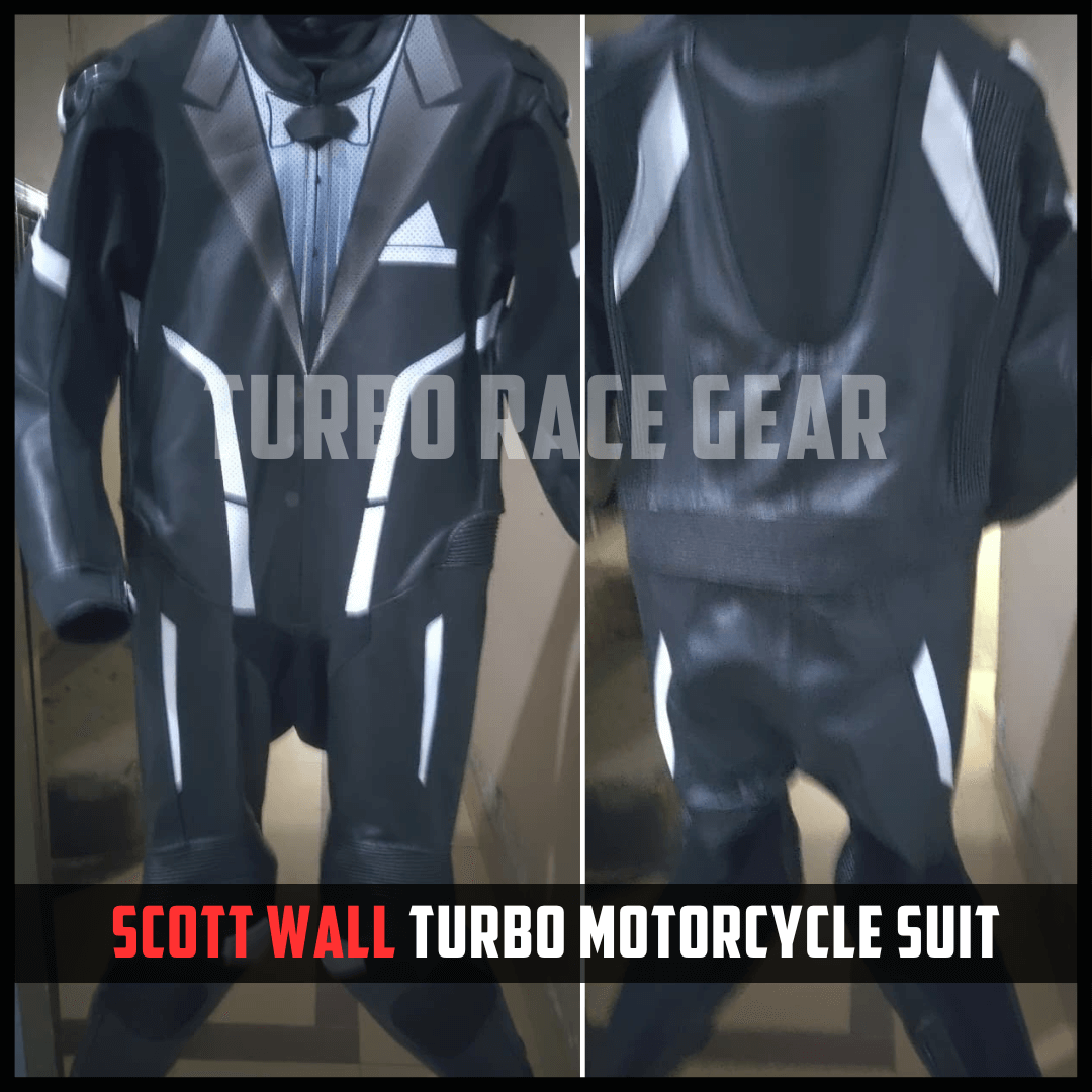 Motorcycle suit with reflective elements and 'Turbo Race Gear' branding.