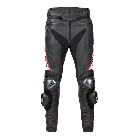 A pair of sports leather motorcycle pants with black, white, and red color blocks, featuring knee and hip protectors, and branded with 'Turbo' logos.
