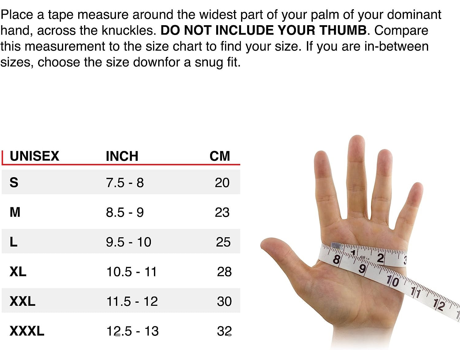 Gloves size chart