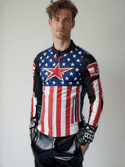 Sporty motorcycle jacket with the USA flag design, perfect for racing and protection.





