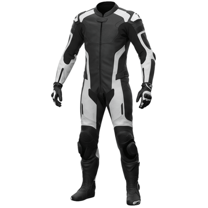 Black and gray motorcycle racing suit on a white background