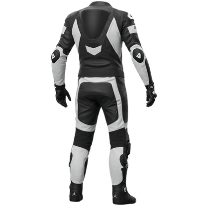 Black and gray motorcycle suit on a white background