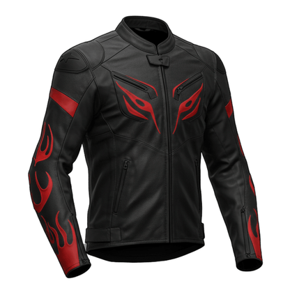 Front view of a black leather motorcycle jacket with red flame graphics on the sleeves and tribal eye-like designs on the chest, featuring a zipper closure and a high collar.