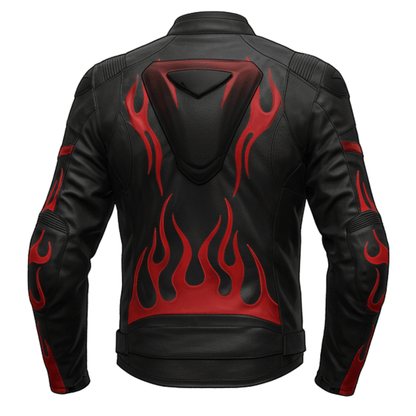Back view of a black leather motorcycle jacket with red flame patterns rising from the bottom, an aerodynamic padded panel on the upper back, and reinforced stitching for durability.

